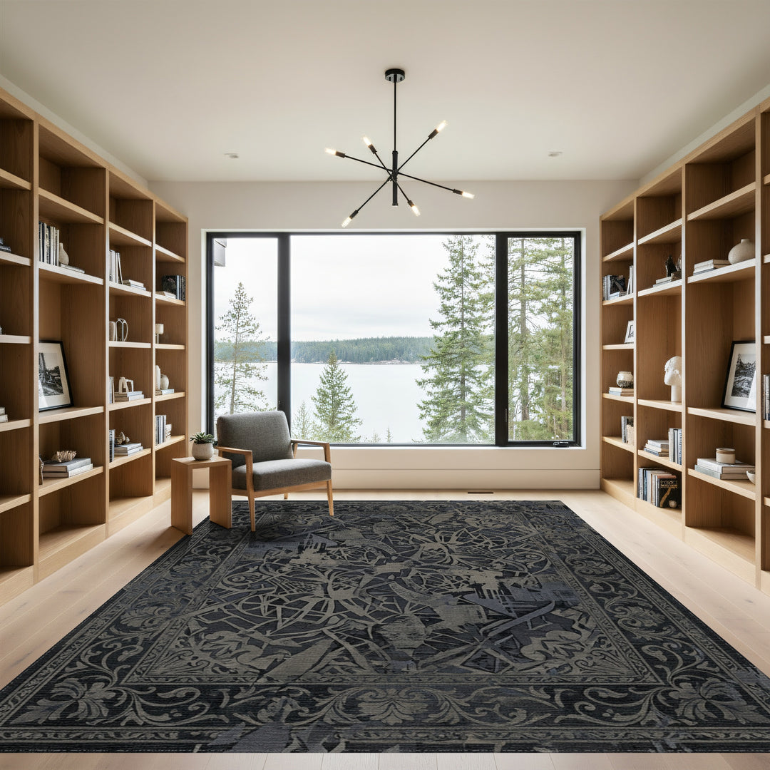 Dark Gray Ornamental Fragmented Rug