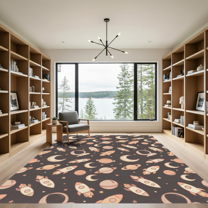 Cute Space Moon Rockets And Planets Rug