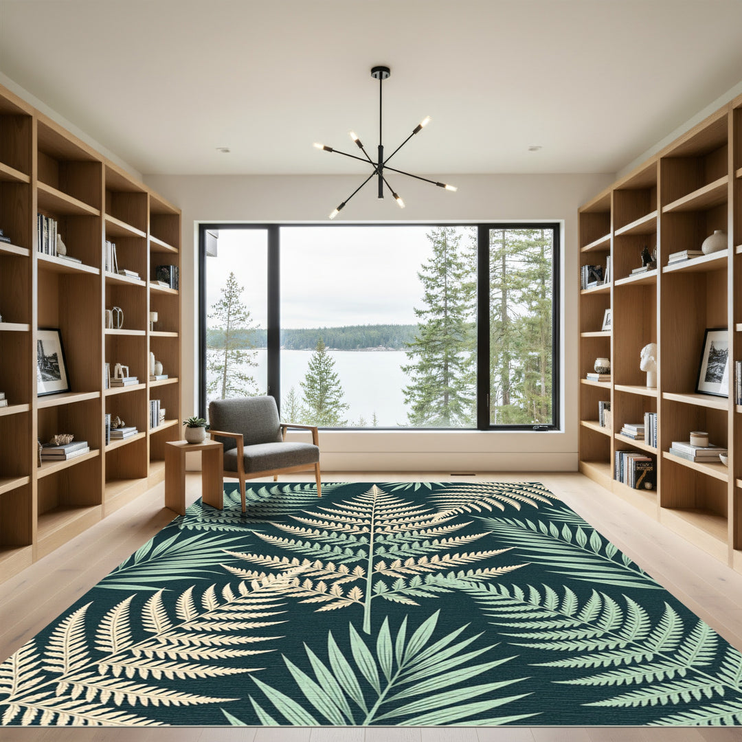 Pale Fern Foliage On Deep Teal Rug