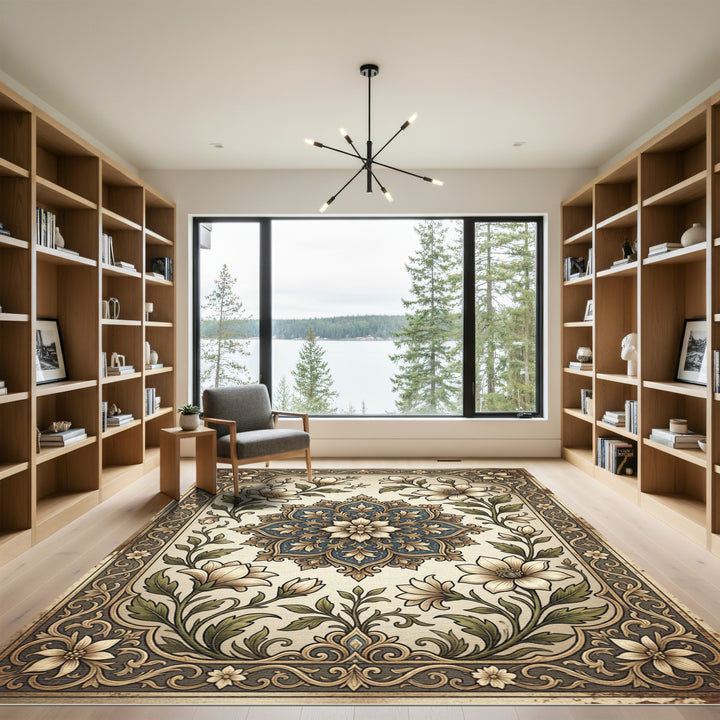 Elegant Ivory Floral Mandala Border Rug