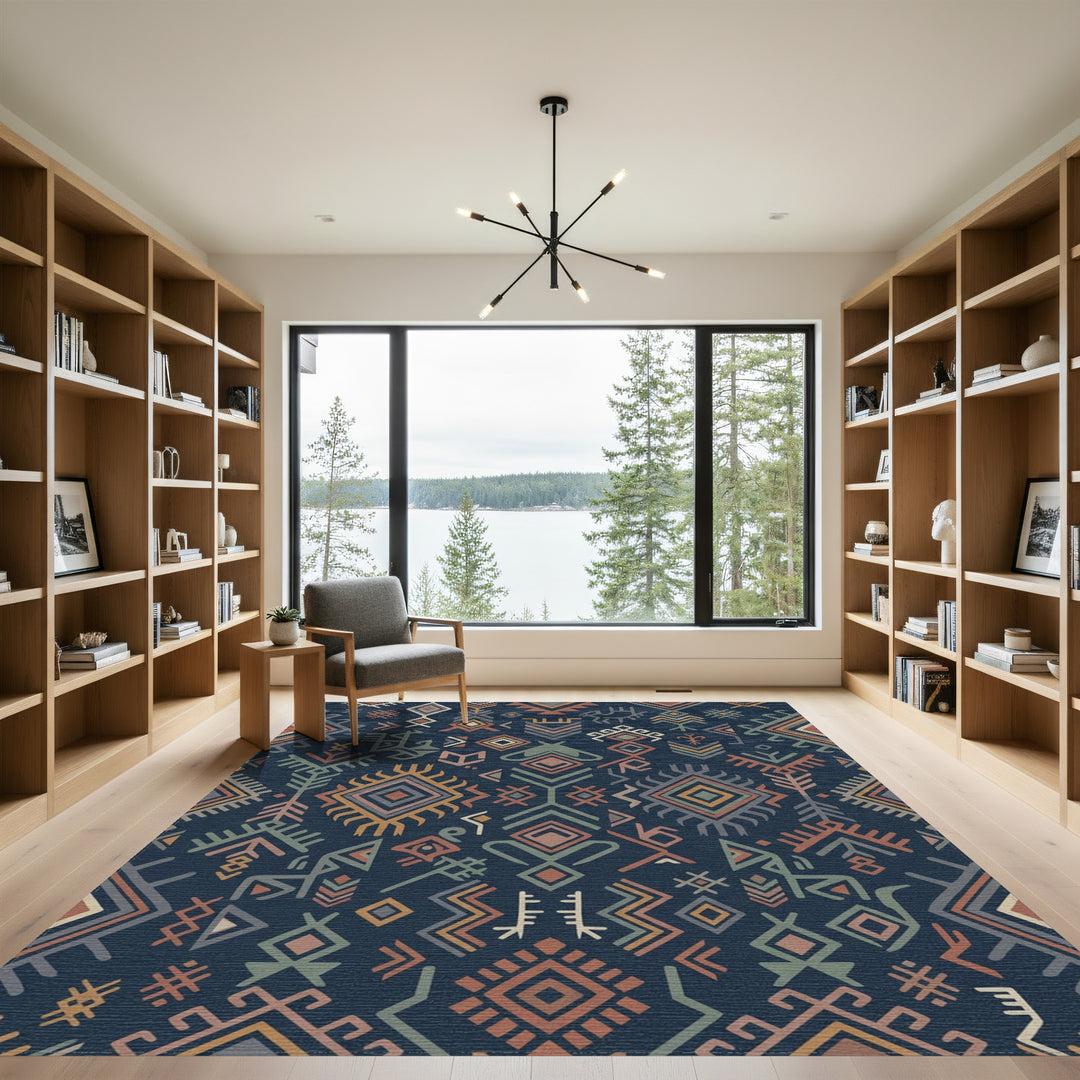 Deep Blue Tribal Geometric Medallion Rug