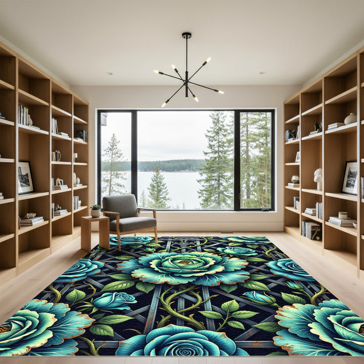 Teal Rose Trellis Garden Rug