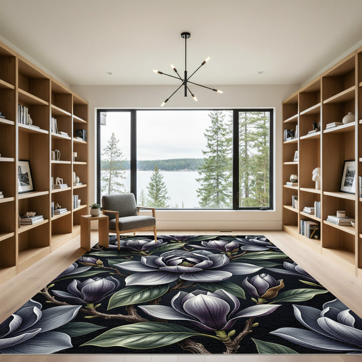 Dark Magnolia Blossom Floral Art Rug