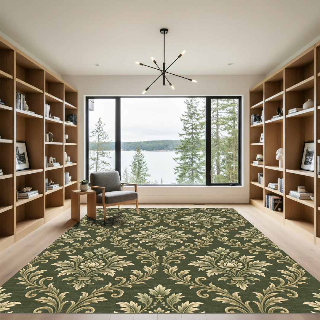 Vintage Green Floral Damask Rug