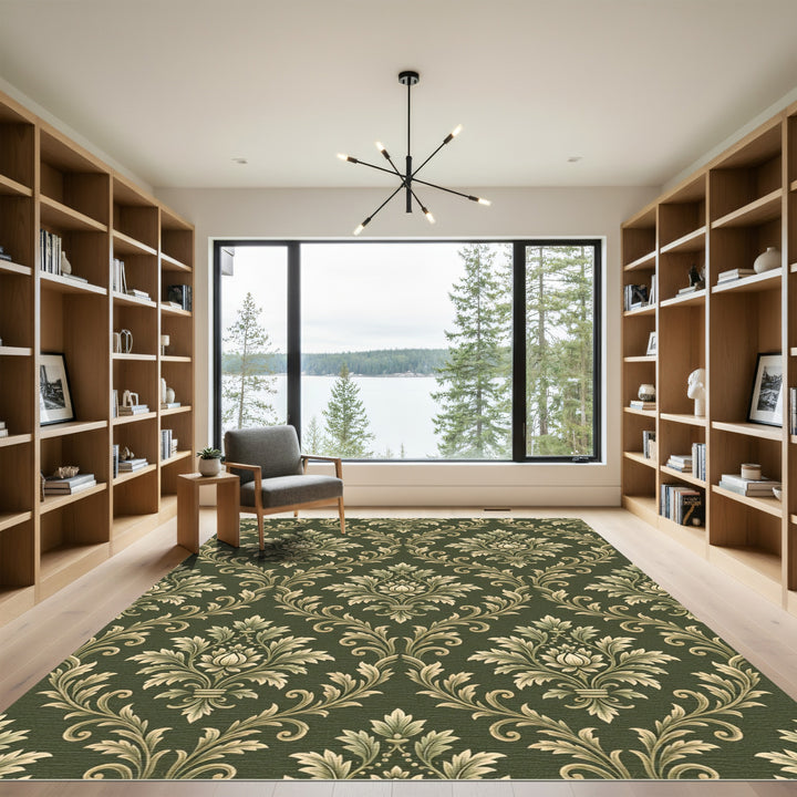 Vintage Green Floral Damask Rug