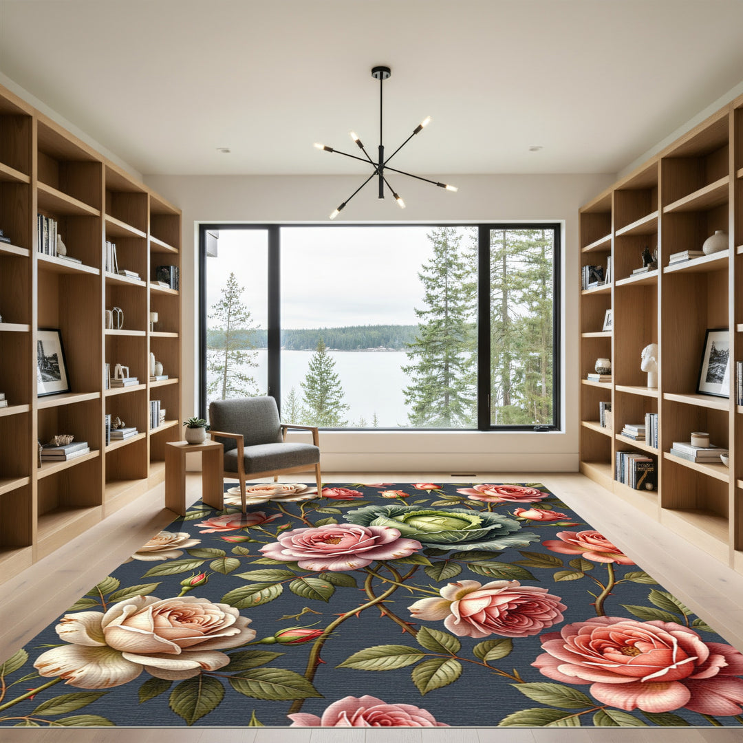Pink Rose Cabbage Dark Floral Garden Rug