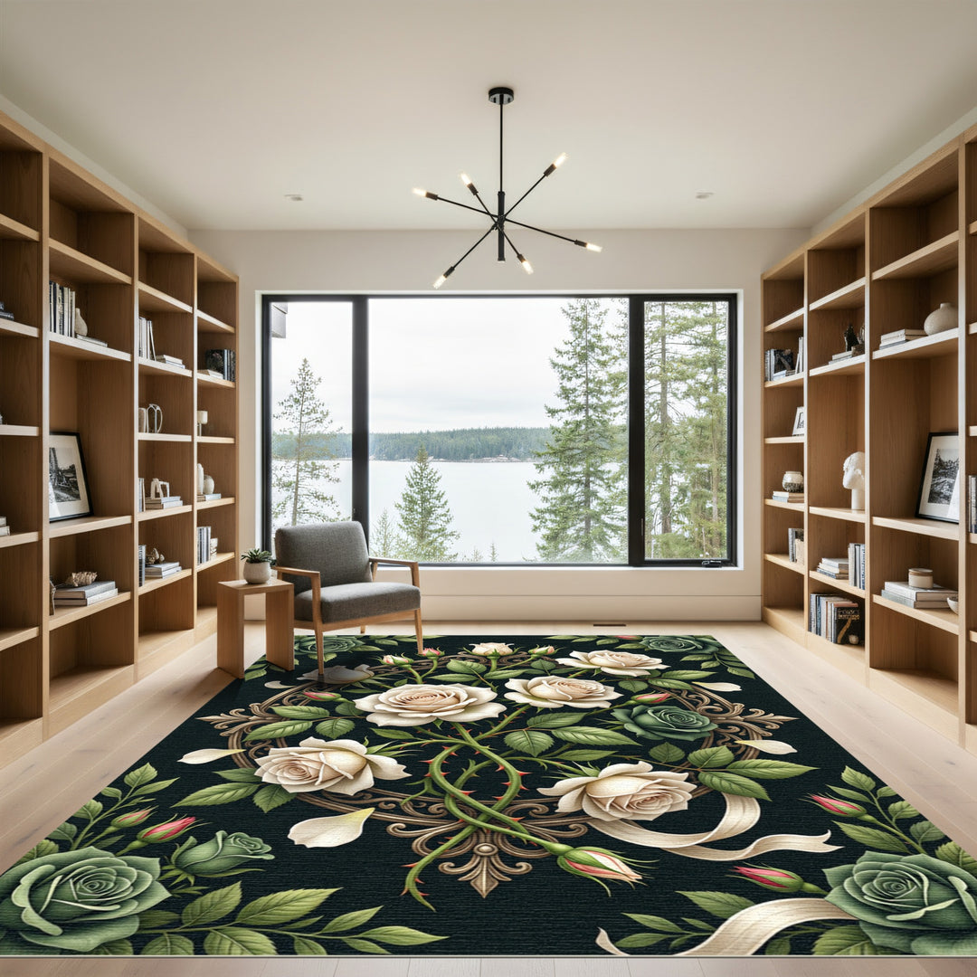 Vintage Cream Rose Wreath Medallion Rug