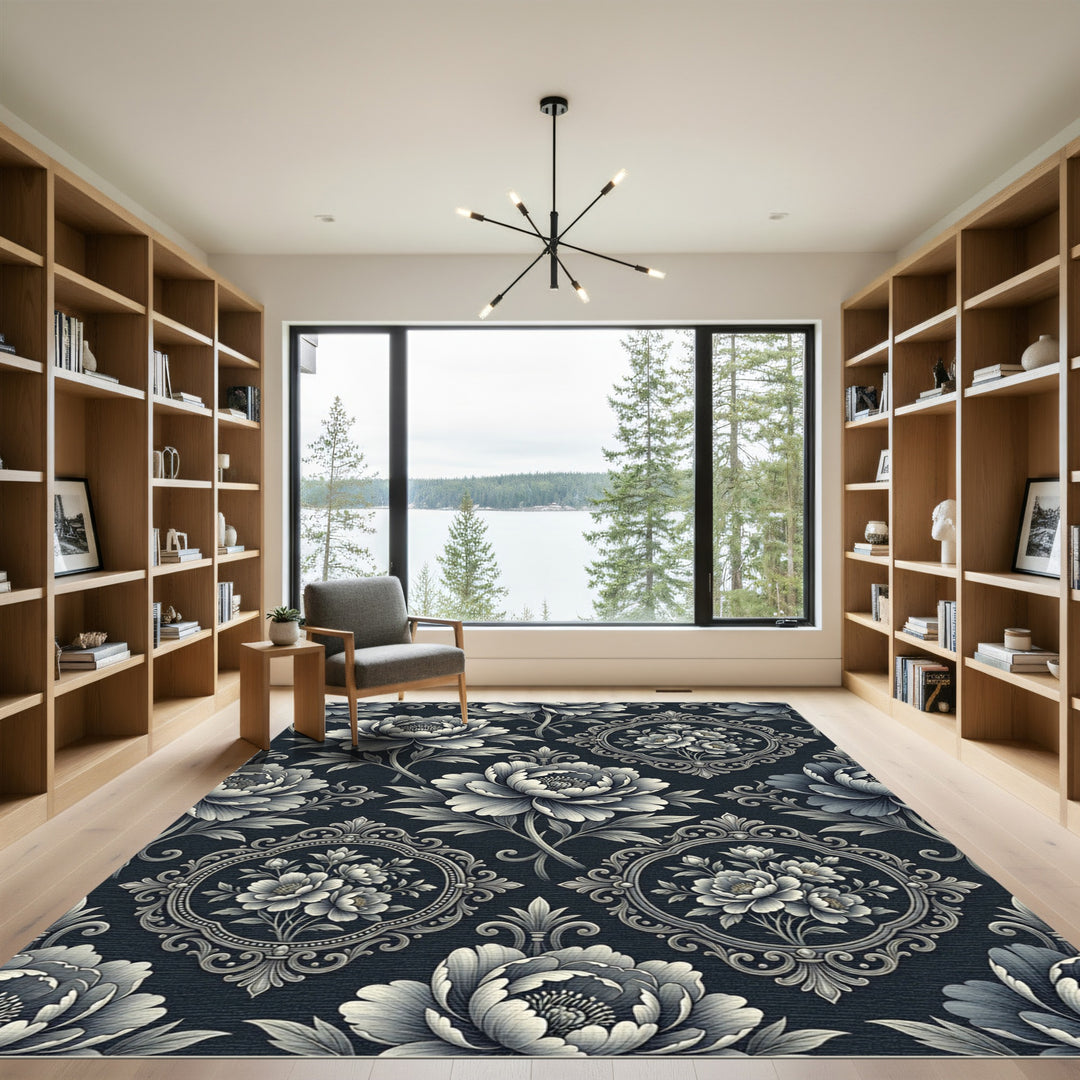 Classic Black and White Floral Scroll Rug