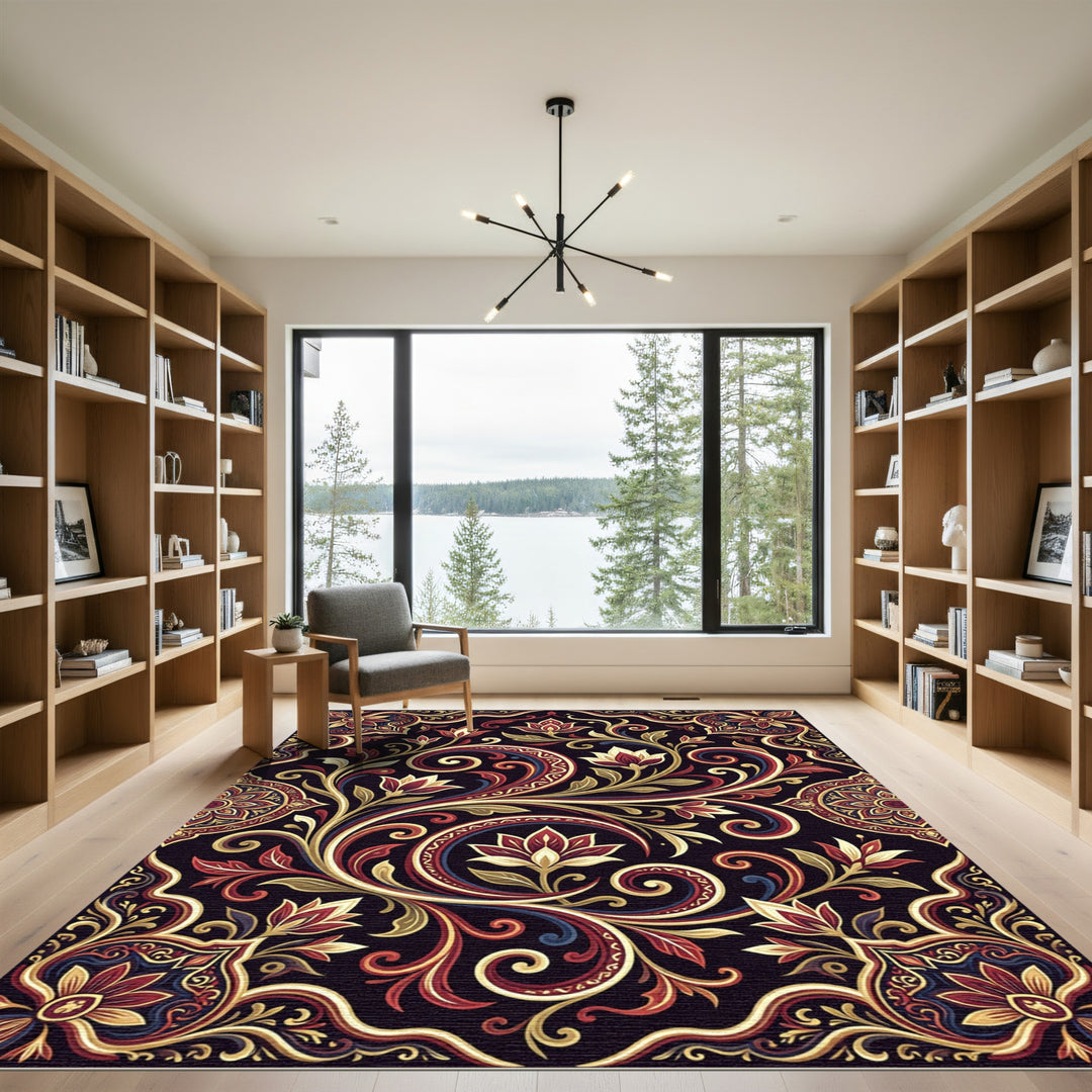 Ornate Crimson Floral Swirl Rug