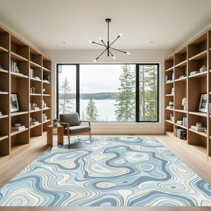 Blue Ivory Topographic Wave Rug
