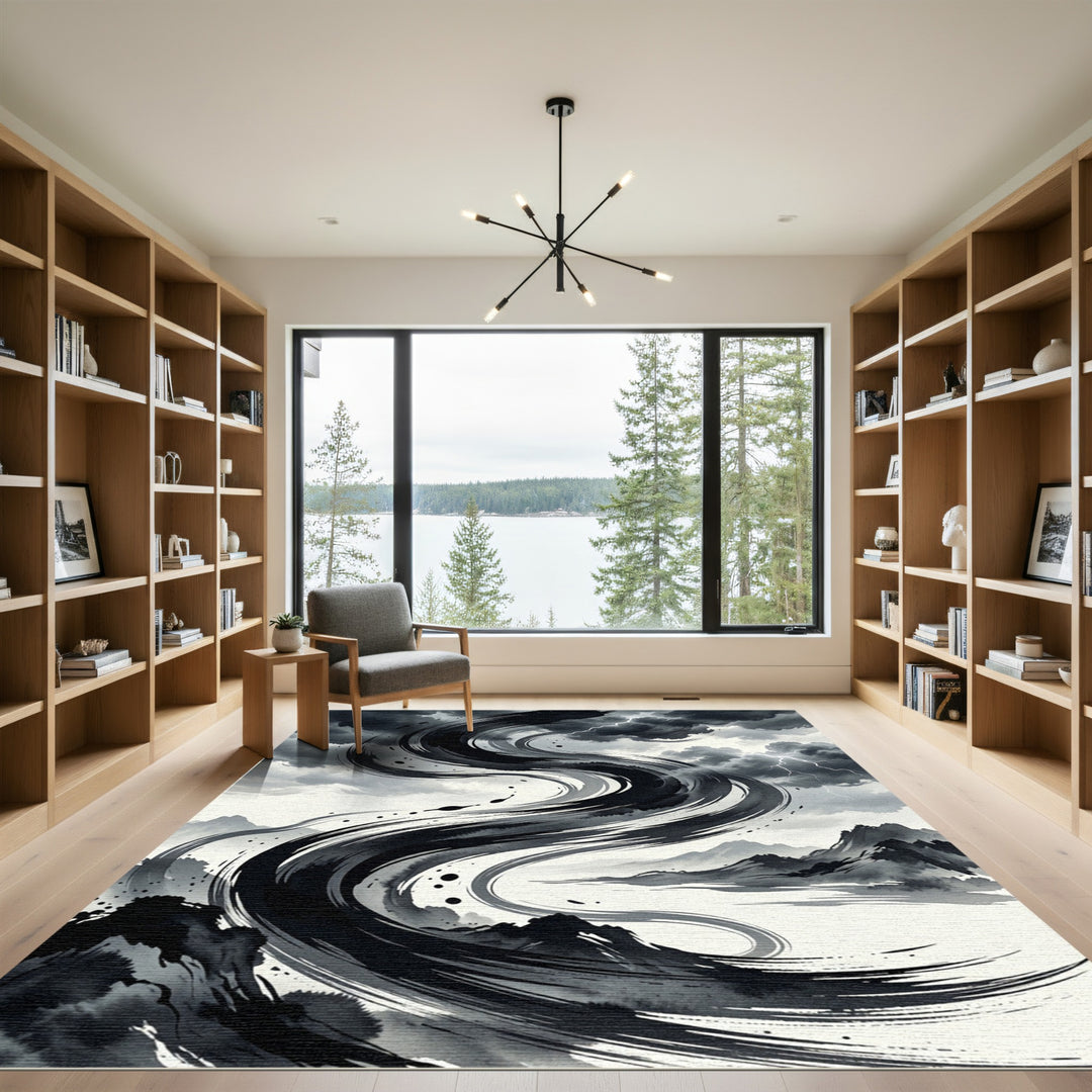 Dramatic Black Ink Swirl Storm Sky Rug