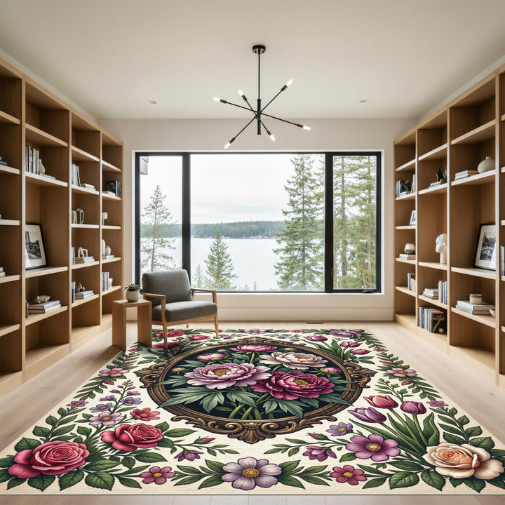 Vintage Oval Floral Wreath Rose Rug