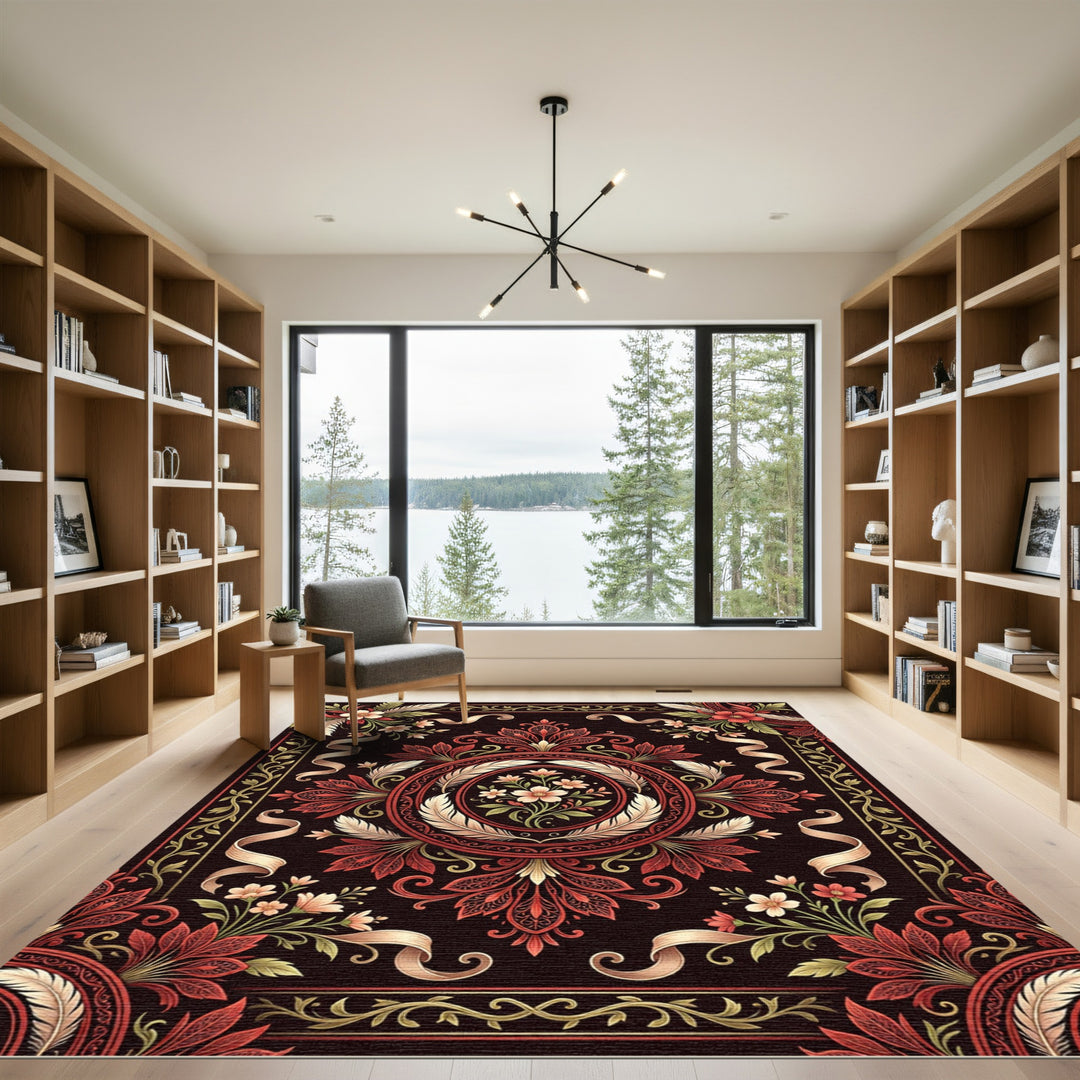 Rich Crimson Floral Feather Medallion Rug