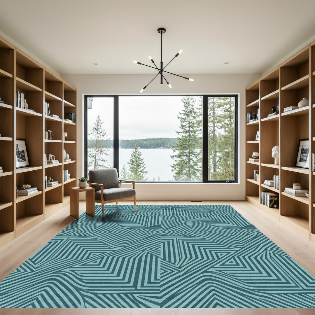 Teal Striped Geometric Wave Rug