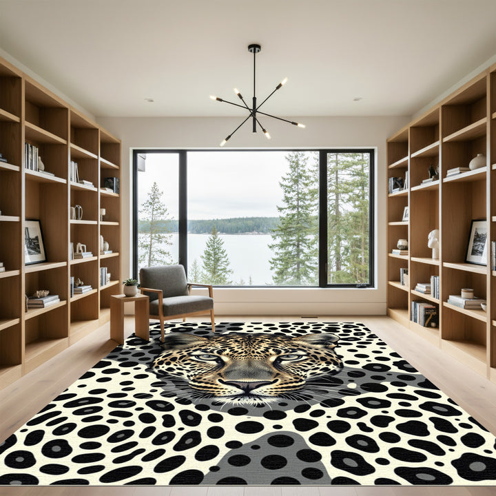 Leopard Face Amidst Black Animal Spots Rug