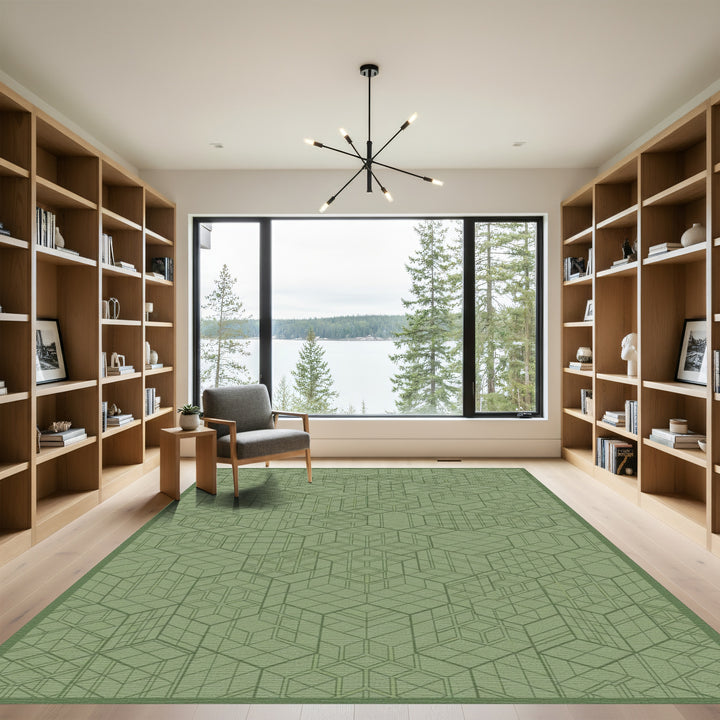 Muted Green Geometric Cube Tessellation Rug