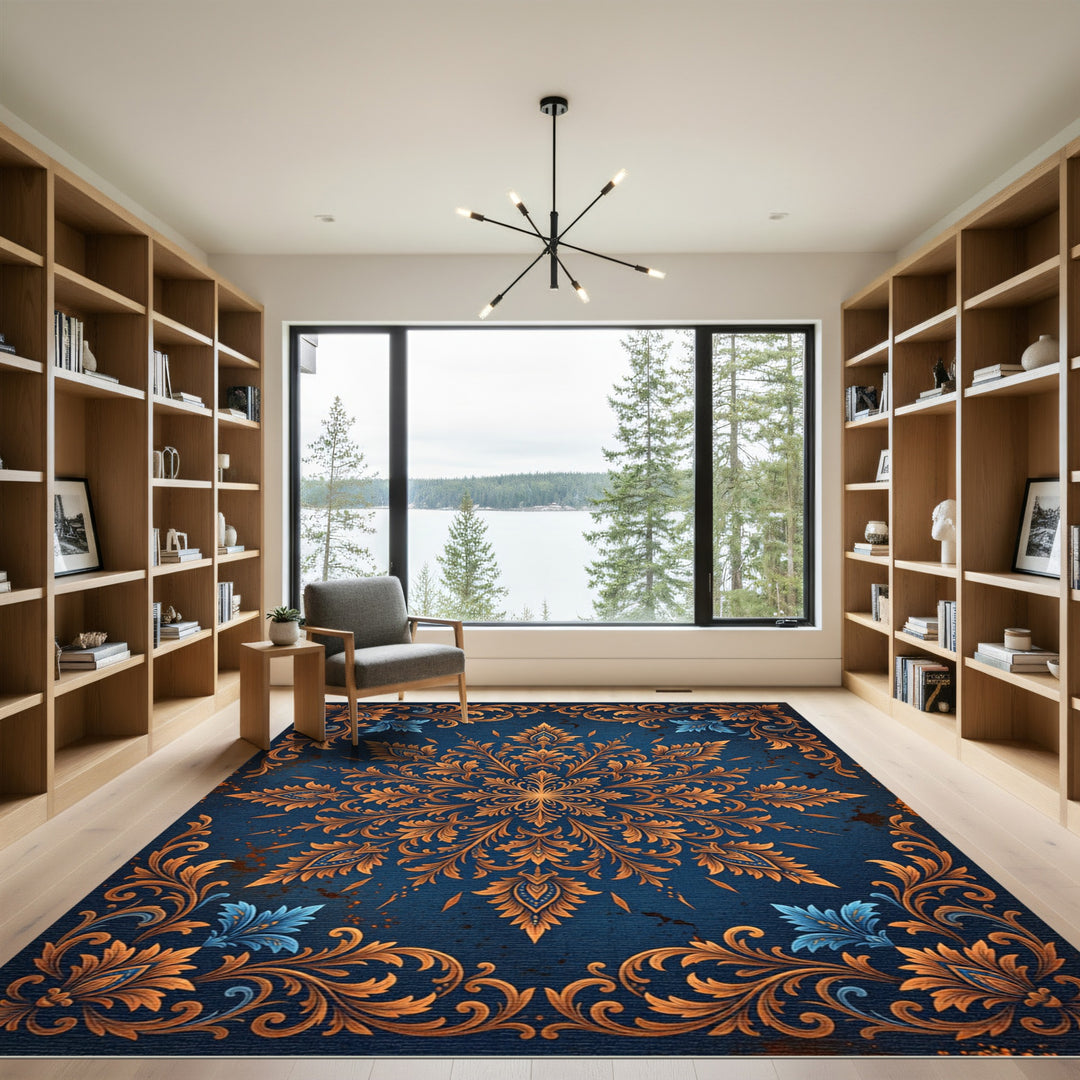 Ornate Golden Blue Floral Medallion Rug