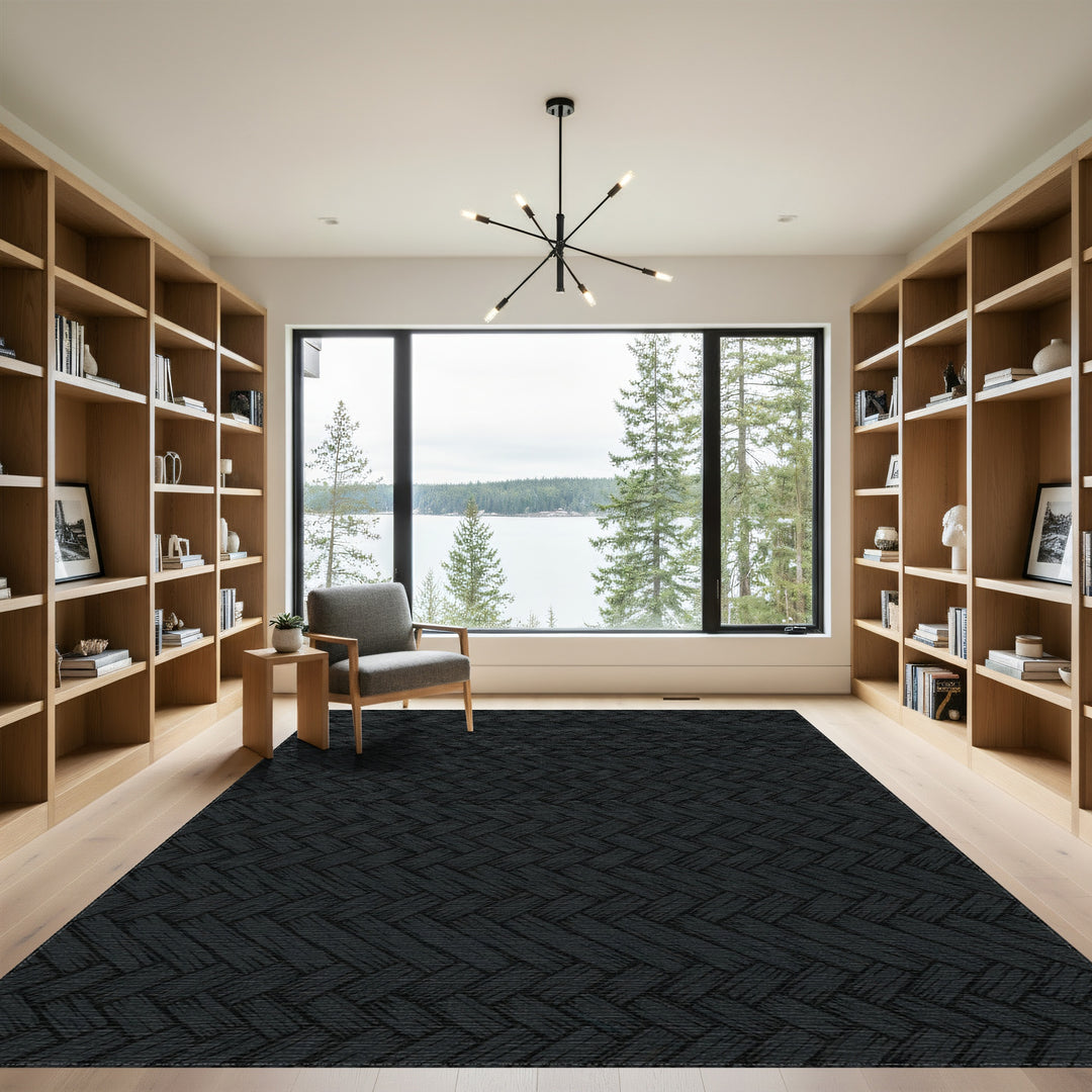 Textured Dark Charcoal Herringbone Weave Rug