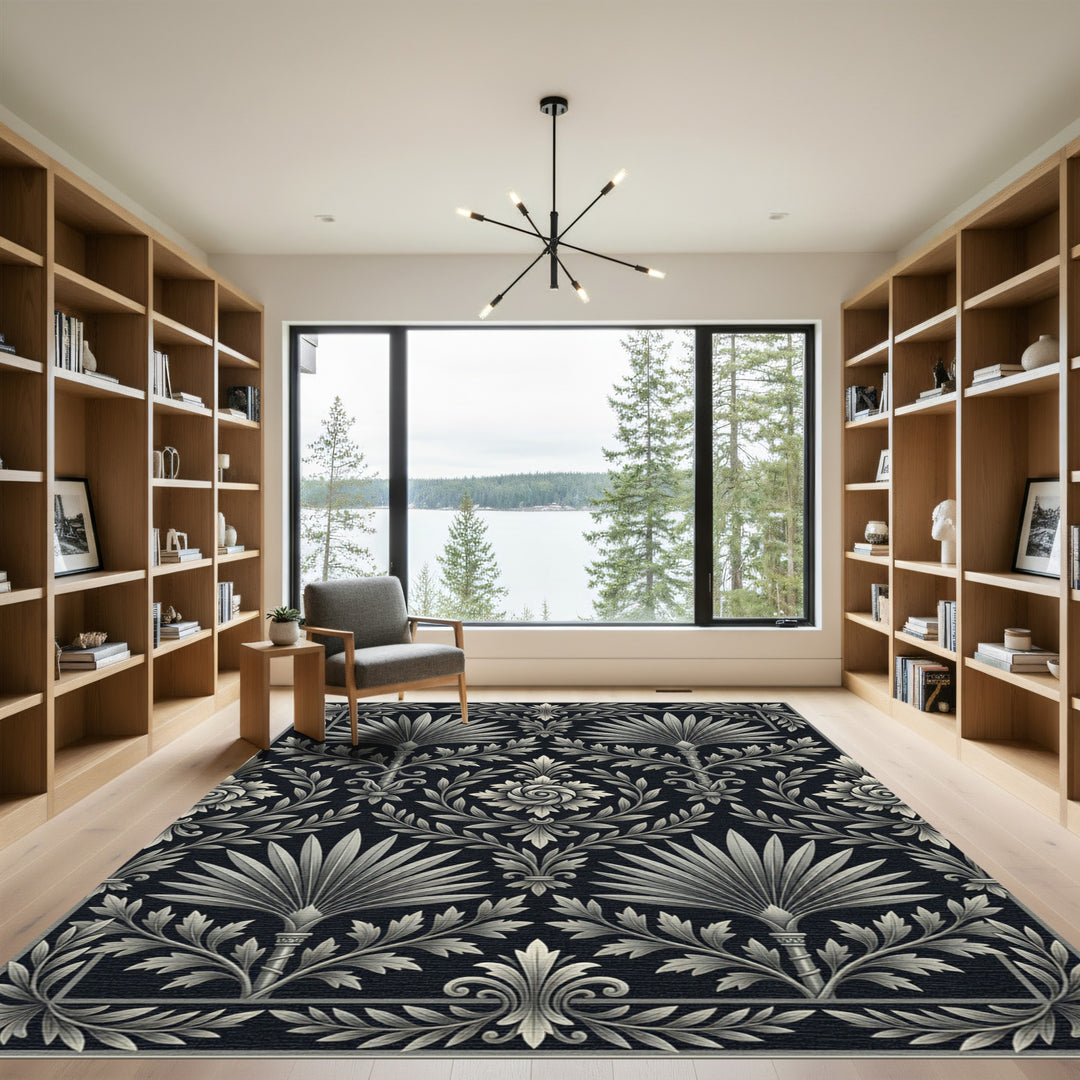 Art Nouveau Black Palm Leaf Rug