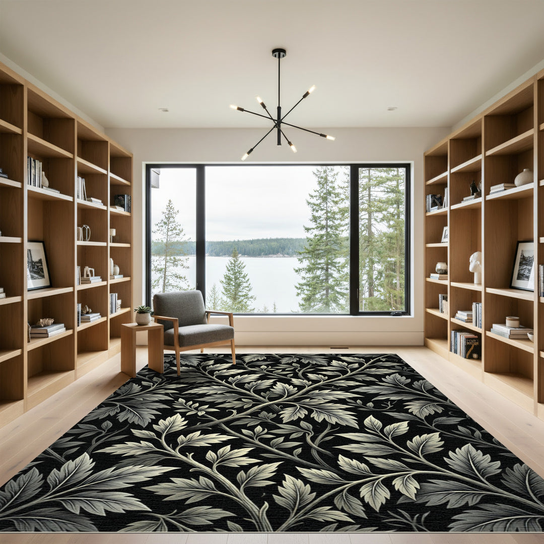 Vintage Black Botanical Leaf Rug