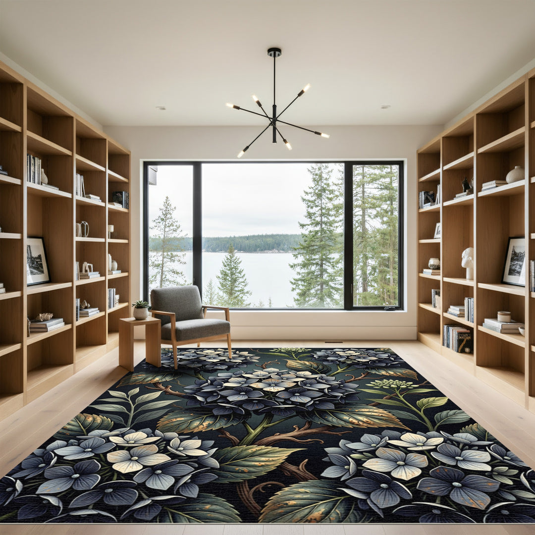 Dark Botanical Hydrangea Blossom Rug