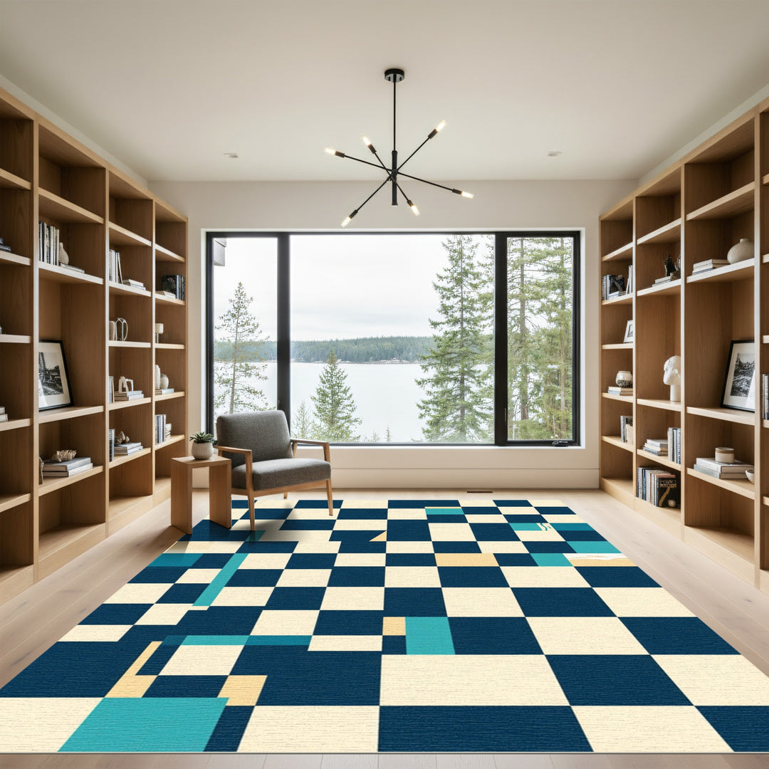 Abstract Navy Blue Checkerboard Rug