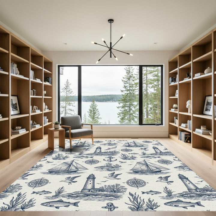 Blue Sailboat Lighthouse Nautical Scene Rug