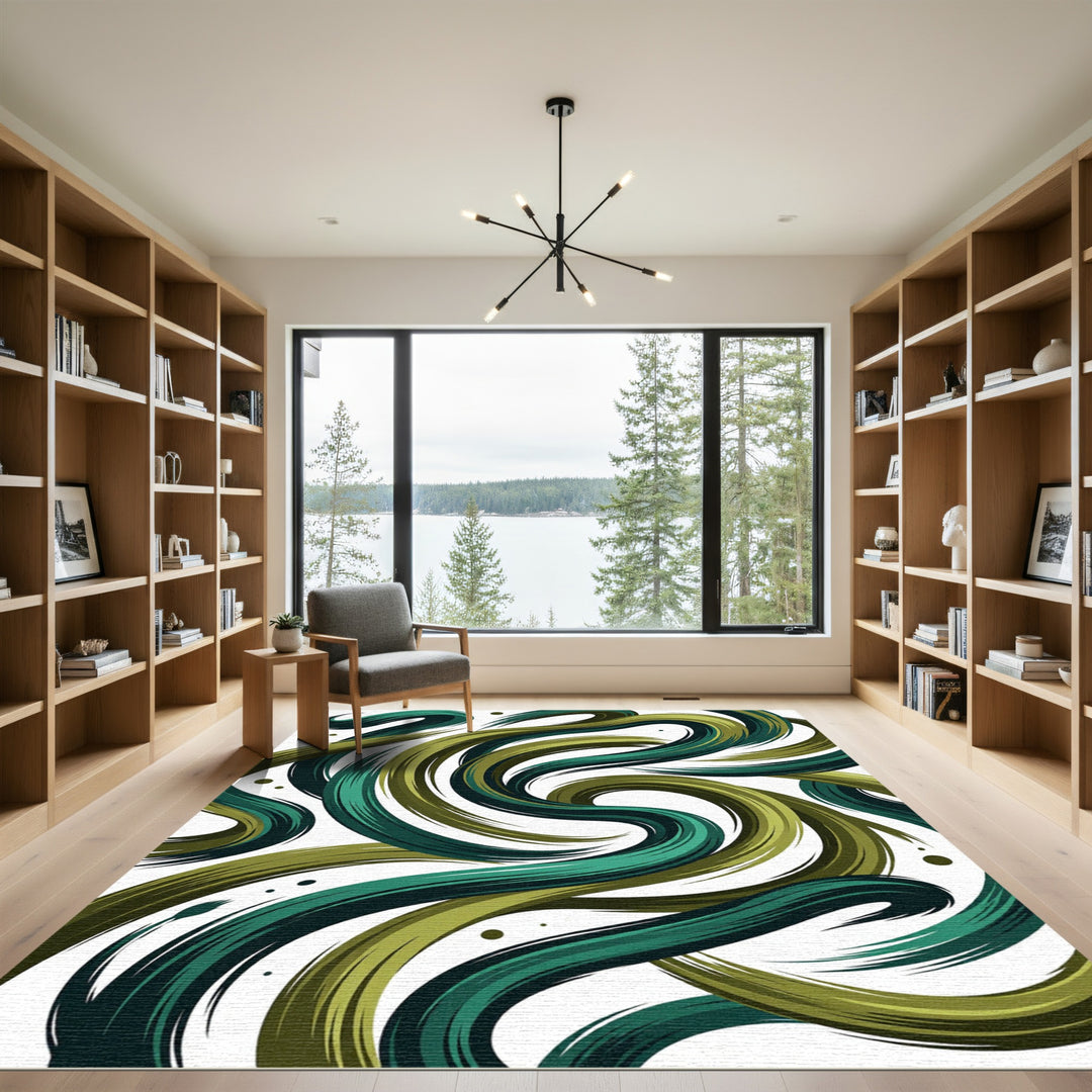 Abstract Swirl Brushstroke Green Rug