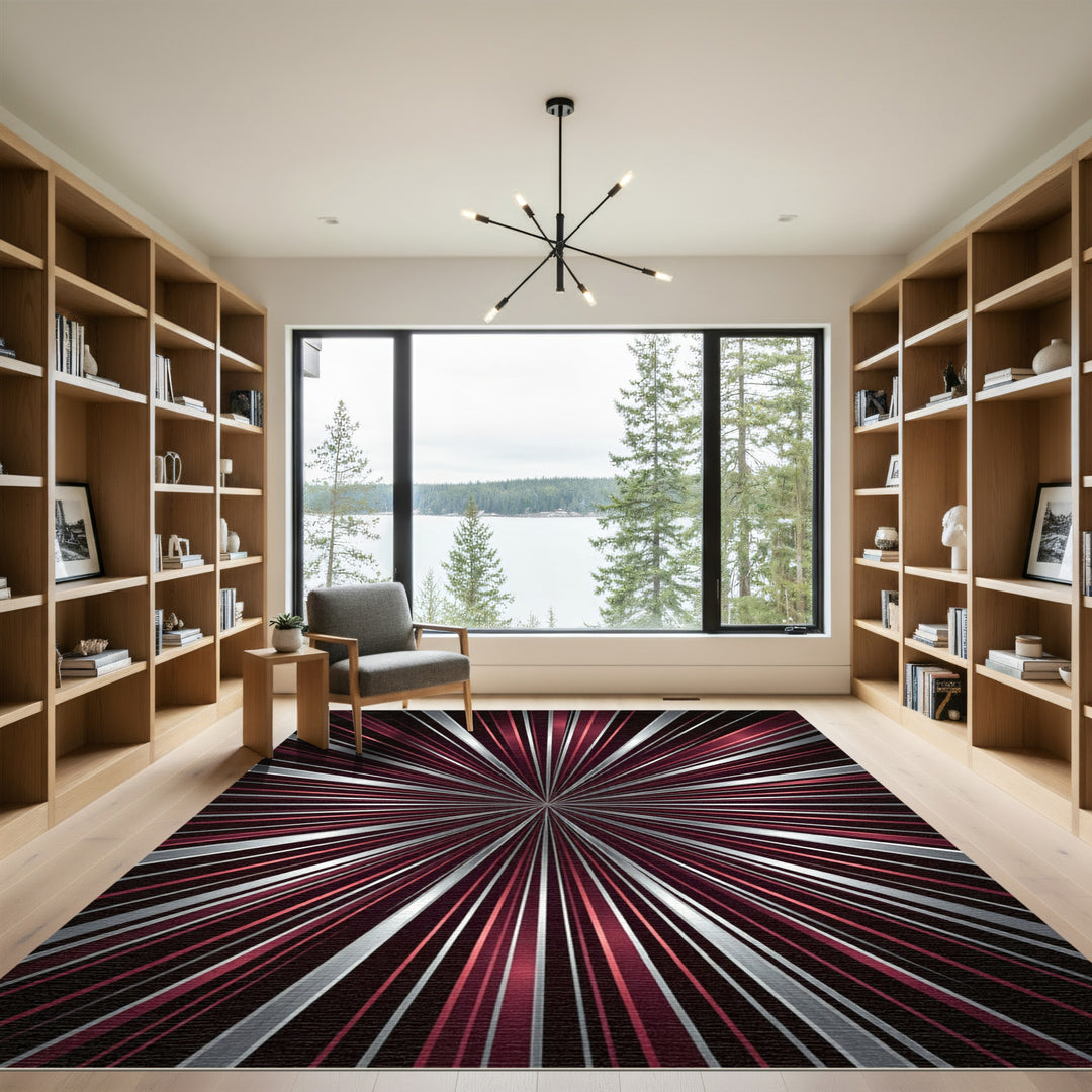 Radiant Crimson Silver Burst Rug