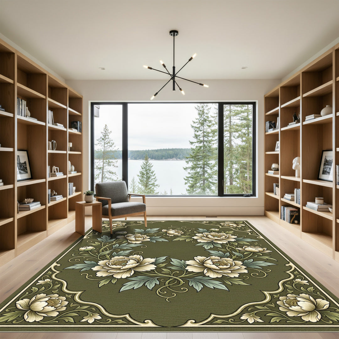 Vintage Cream Peony Floral Border Rug