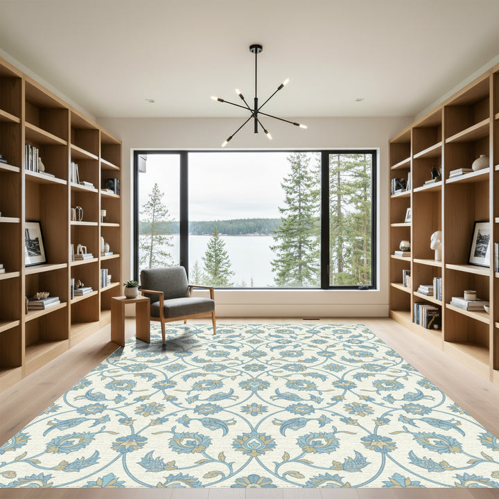 Blue Tan Floral Arabesque Scroll Rug