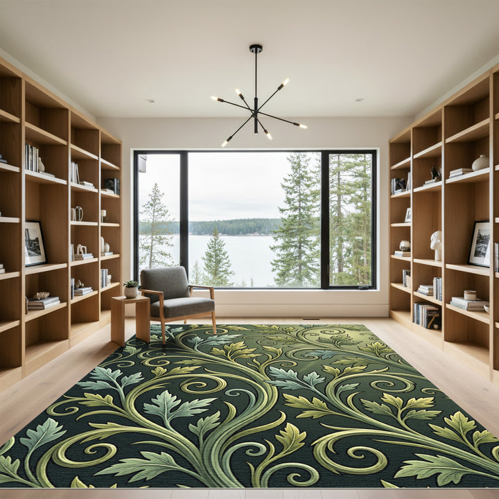 Elegant Sage Green Swirling Leaves Rug