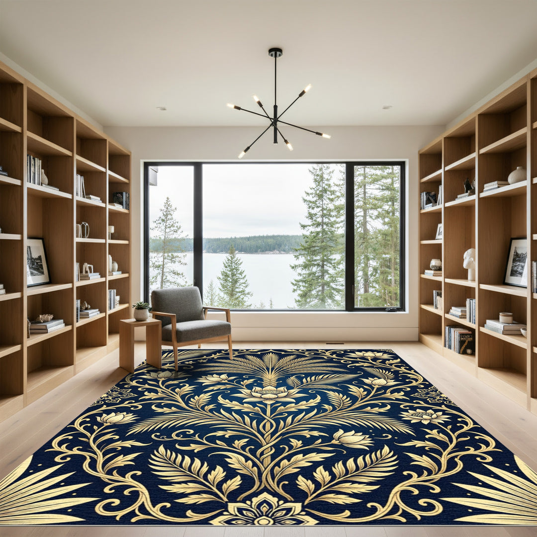 Elegant Gold Lotus Floral Navy Rug