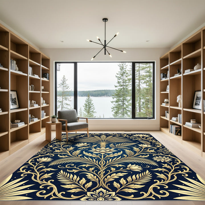 Elegant Gold Lotus Floral Navy Rug