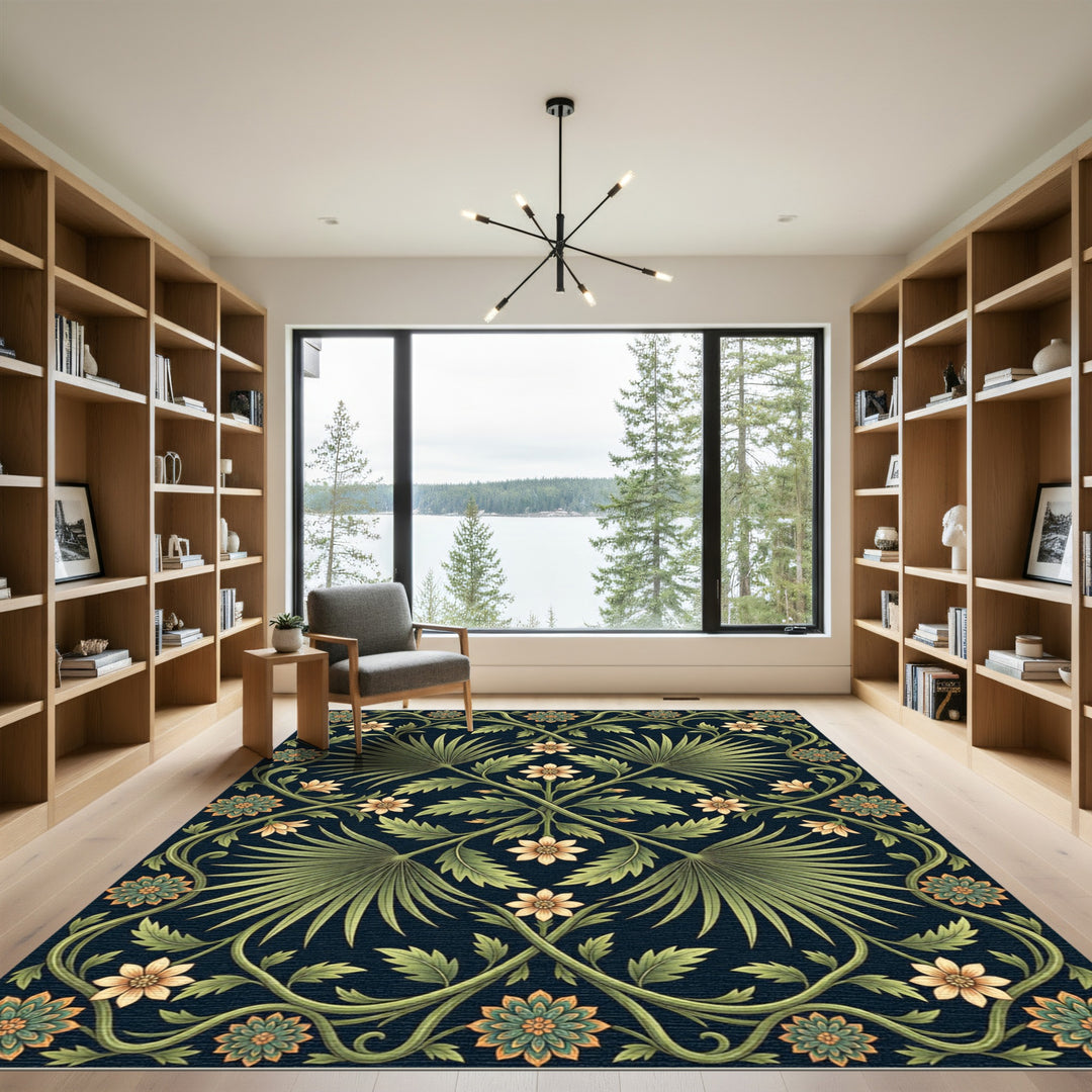 Dark Green Golden Floral Vine Rug