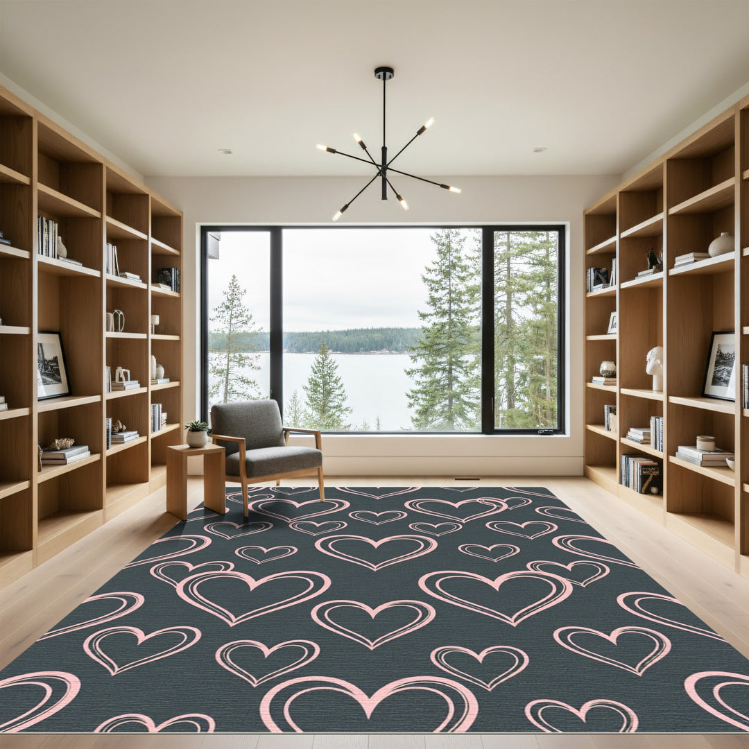 Blush Pink Hearts Dark Charcoal Background Rug