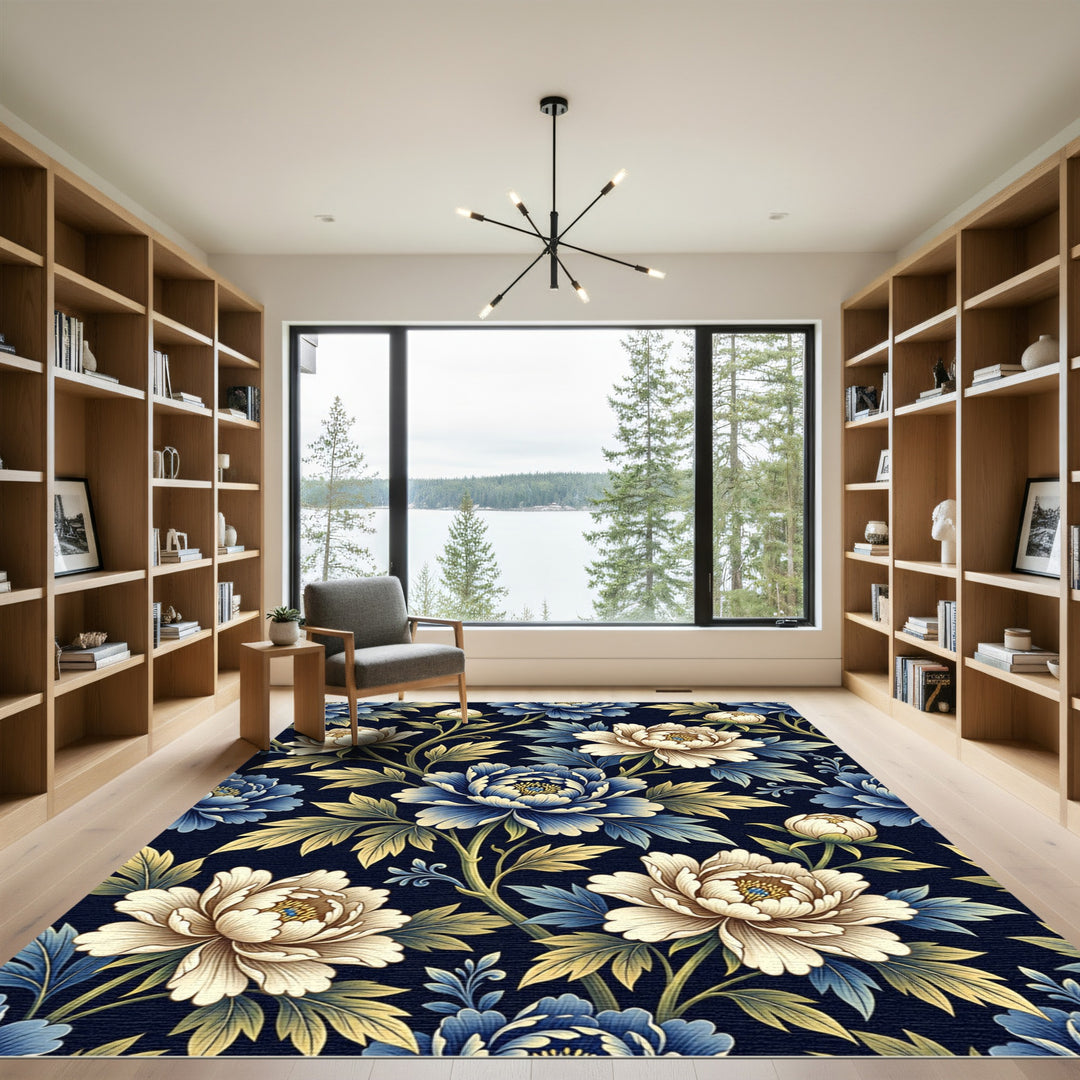 Elegant Cream Blue Peony Botanical Rug