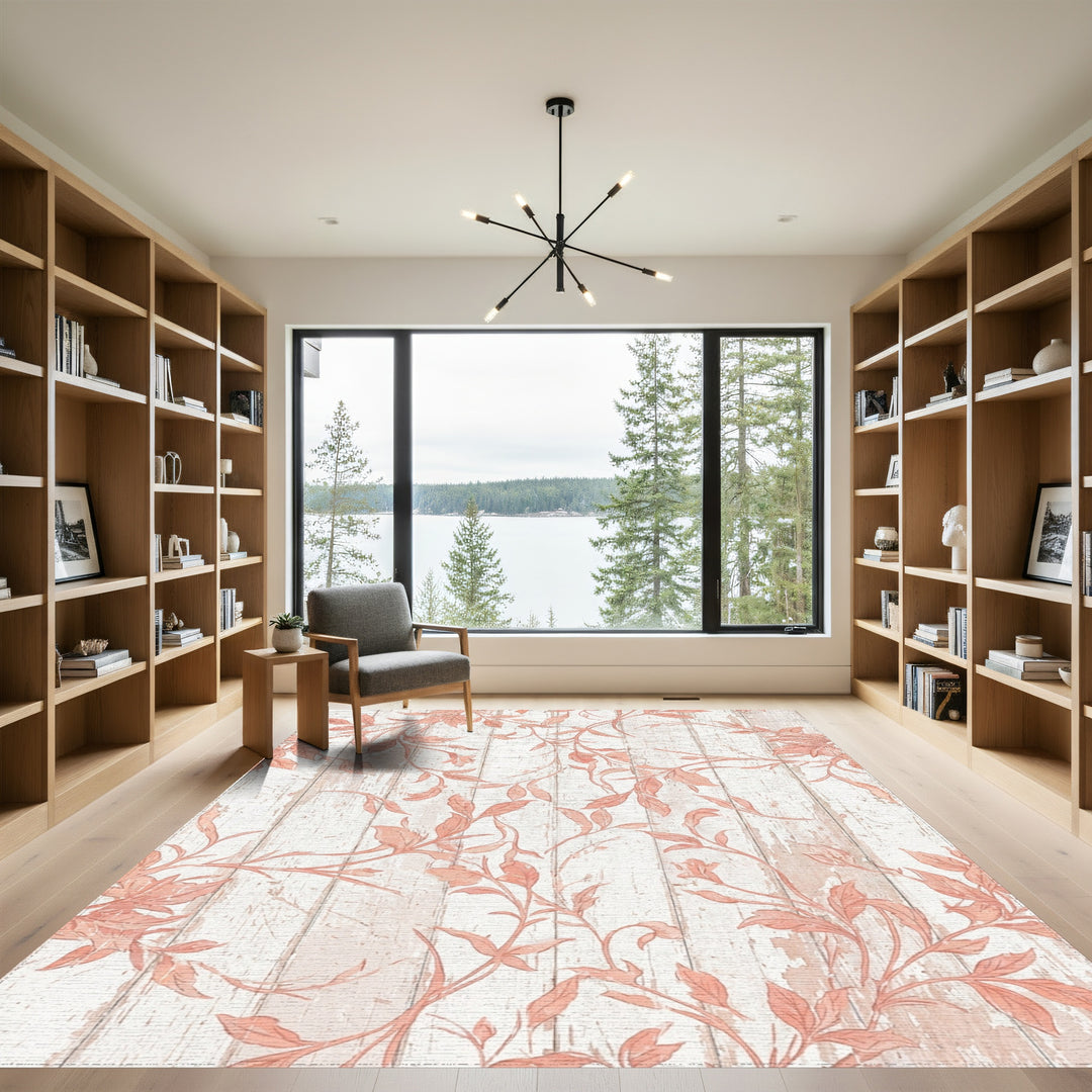 Coral Vine Scroll on Distressed Wood Rug