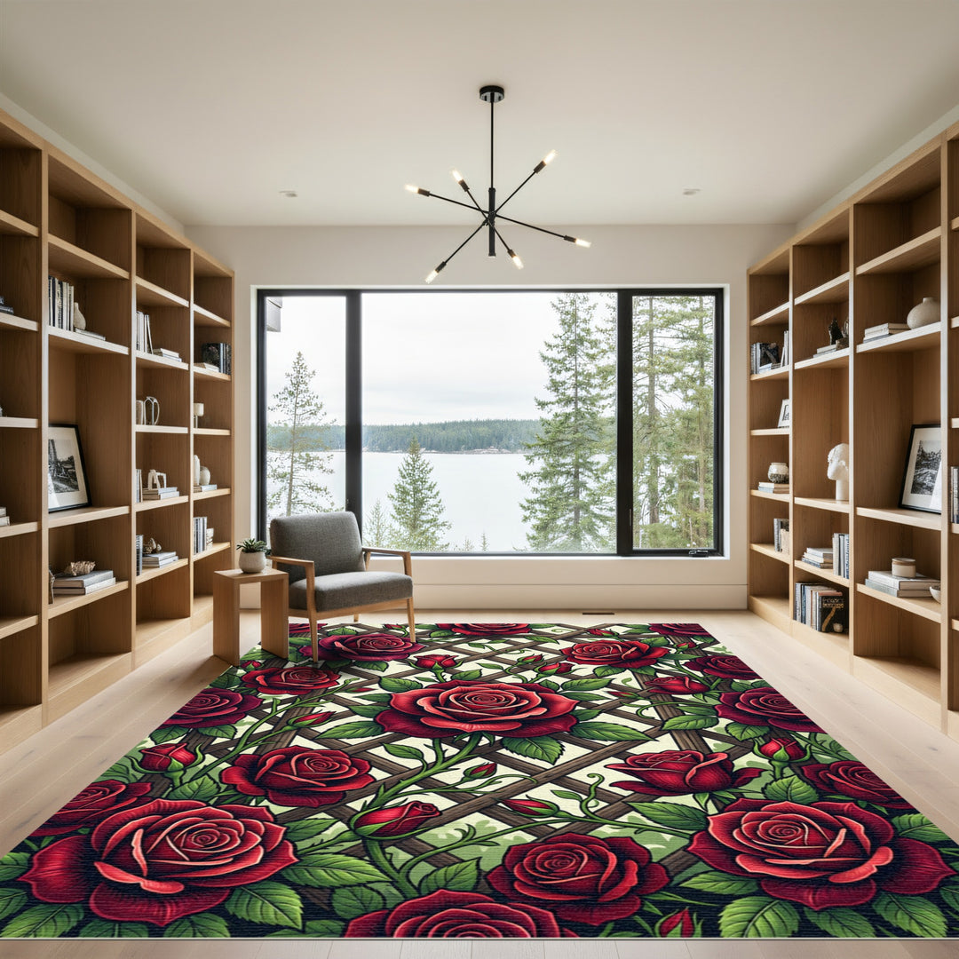 Elegant Crimson Rose Garden Lattice Rug