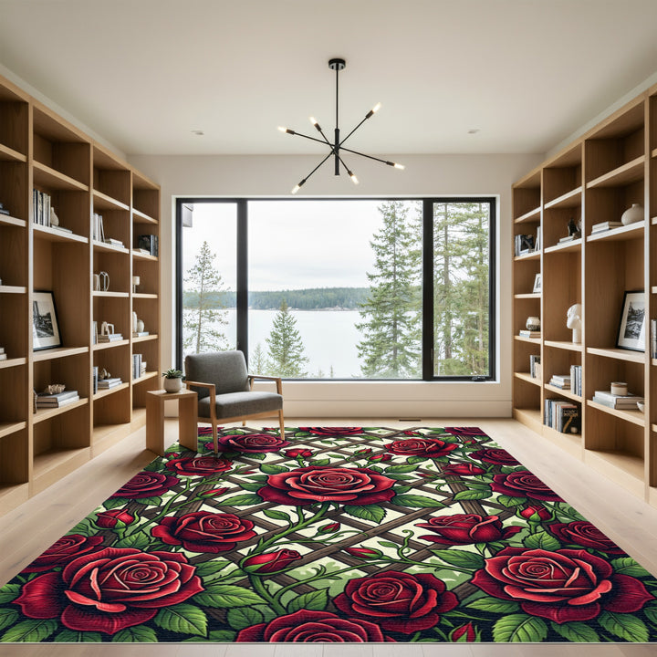 Elegant Crimson Rose Garden Lattice Rug