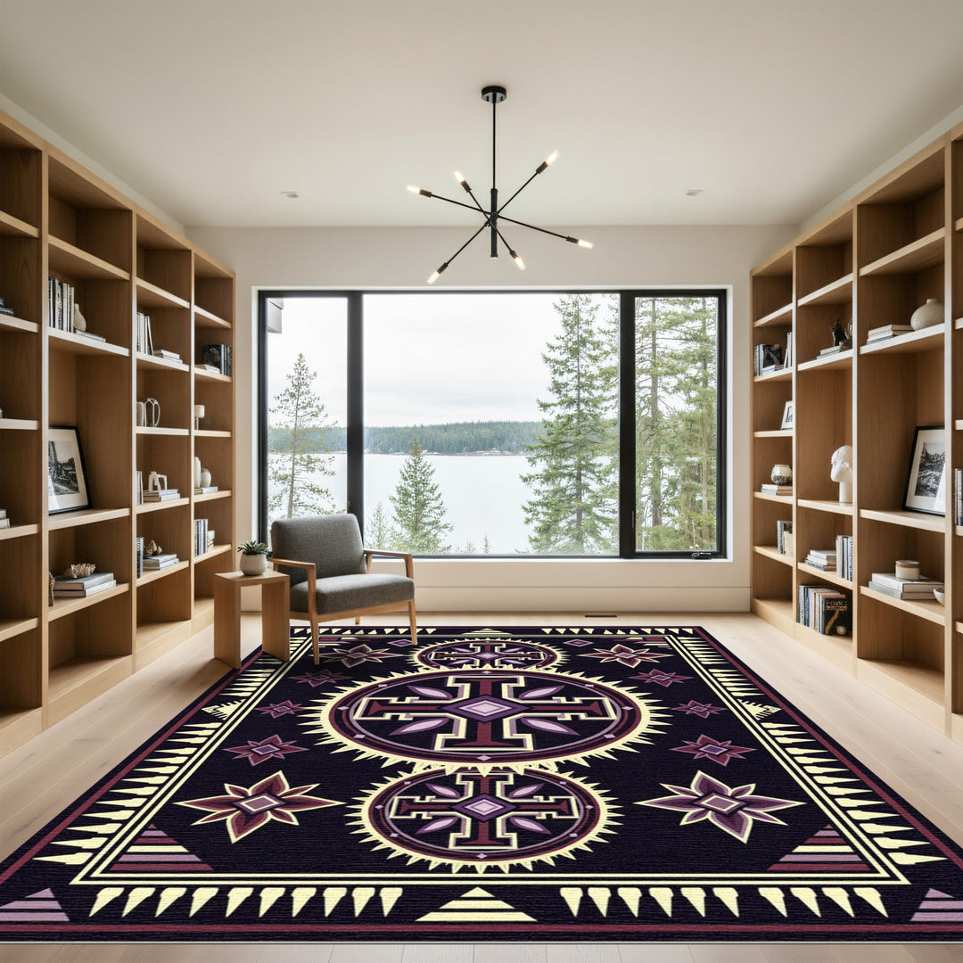 Ornate Purple Sunburst Cross Rug