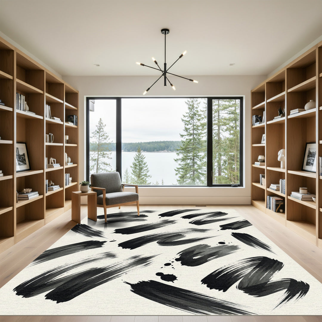 Bold Black Ink Brushstroke Rug