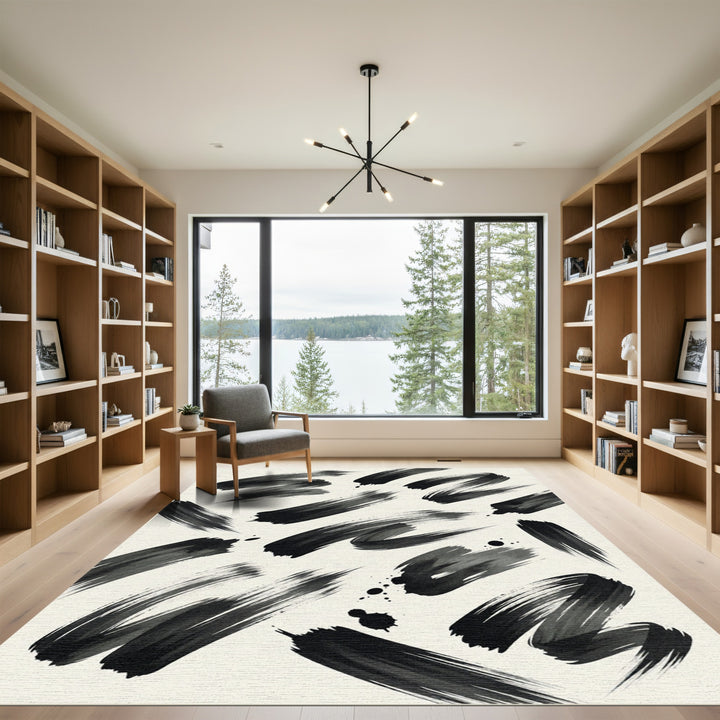 Bold Black Ink Brushstroke Rug
