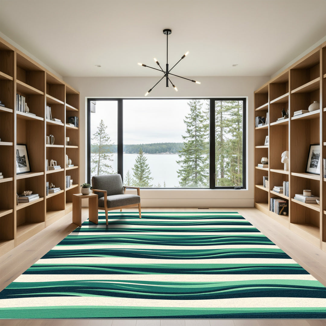 Deep Teal Abstract Wave Stripe Rug