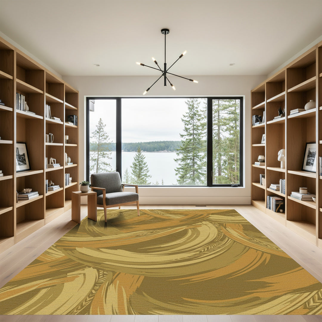 Earthy Gold Brushstroke Swirl Rug