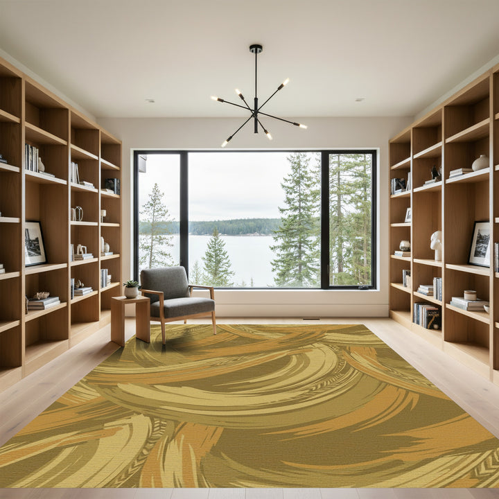 Earthy Gold Brushstroke Swirl Rug