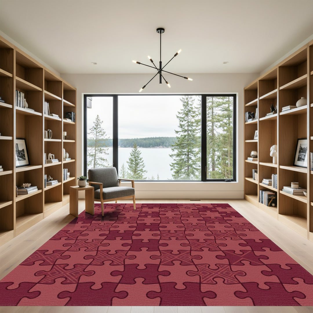 Crimson Jigsaw Puzzle Geometric Rug
