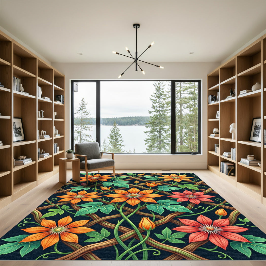 Vivid Orange Coral Floral Trellis Rug