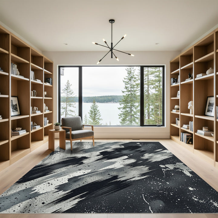 Bold Black White Abstract Brushstrokes Rug
