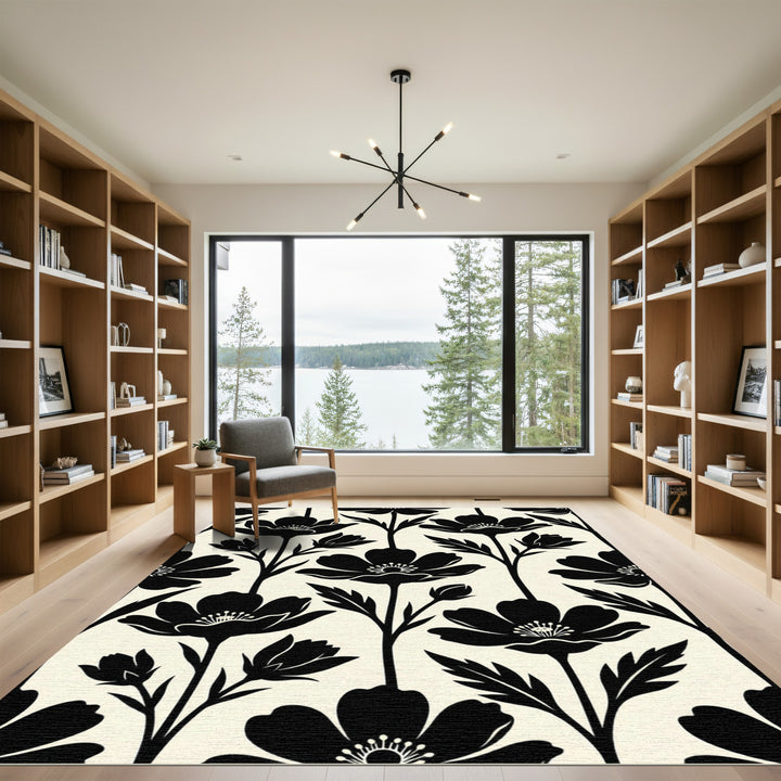 Black Poppy Floral Arrangement Rug